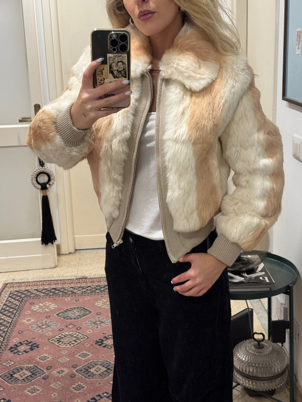 Beige Fur Bomber Jacket