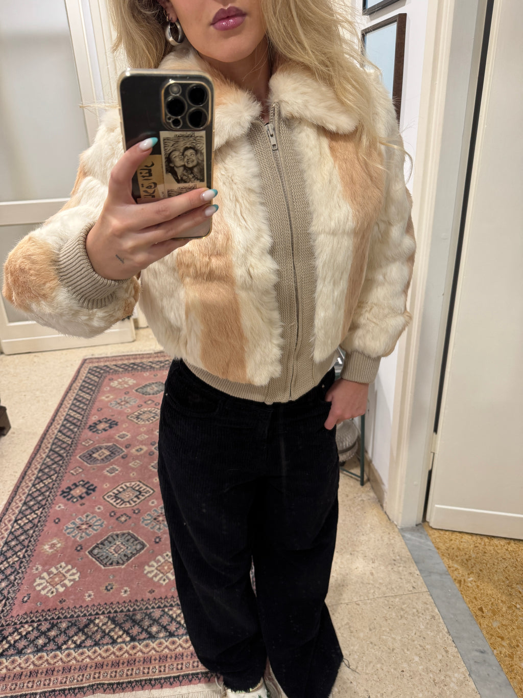 Beige Fur Bomber Jacket