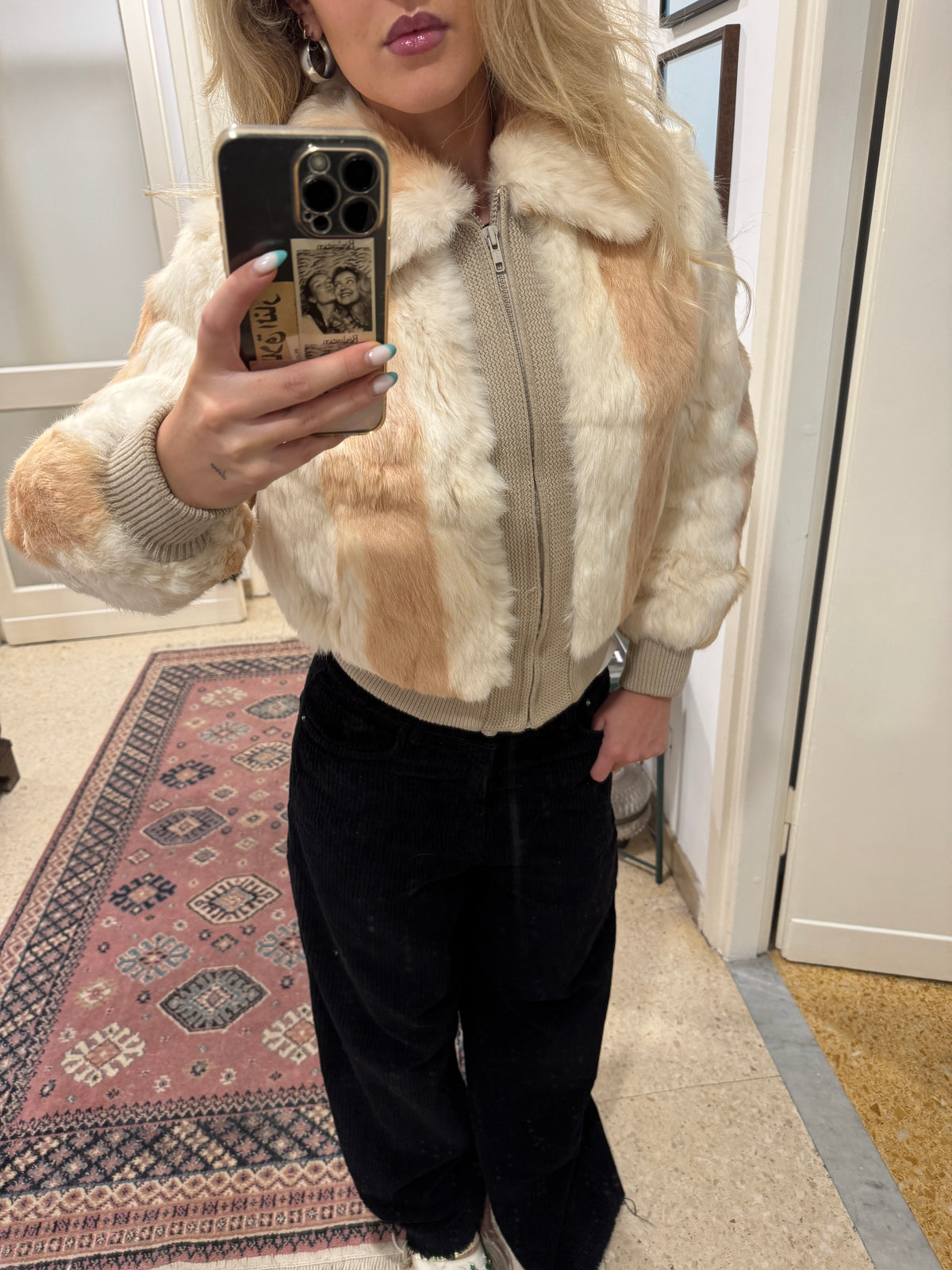 Beige Fur Bomber Jacket