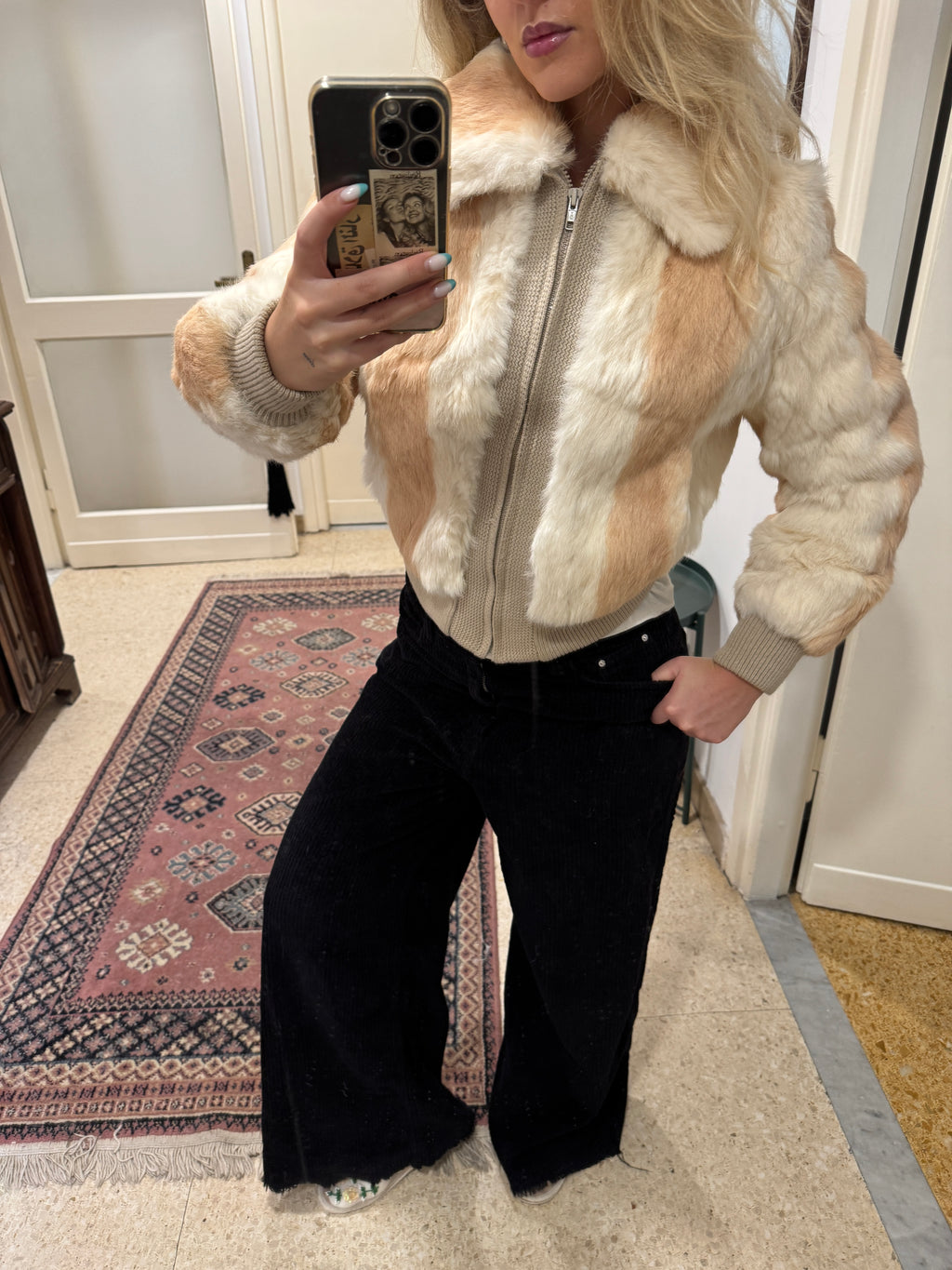 Beige Fur Bomber Jacket