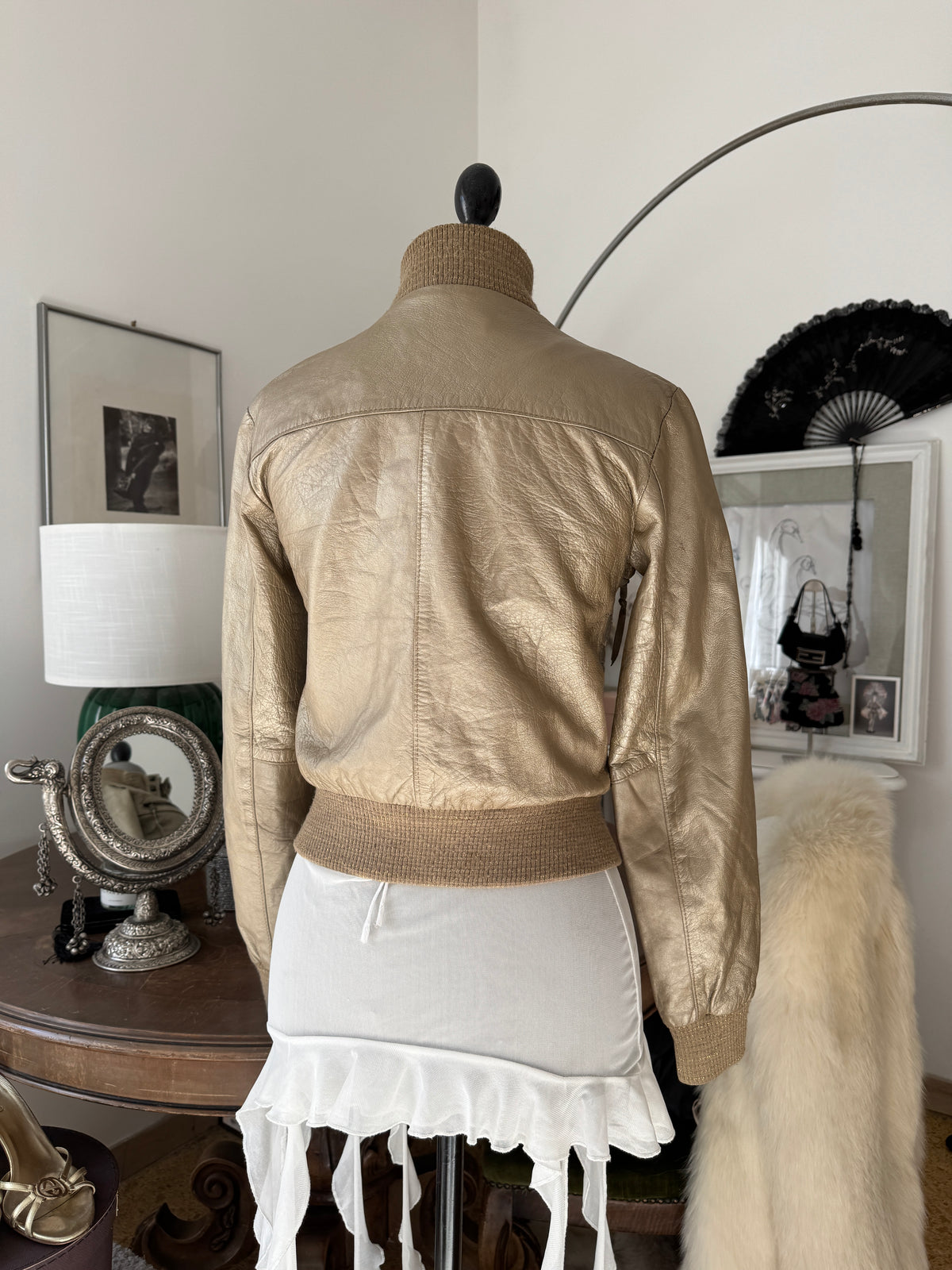 Golden Leather Jacket with Studs