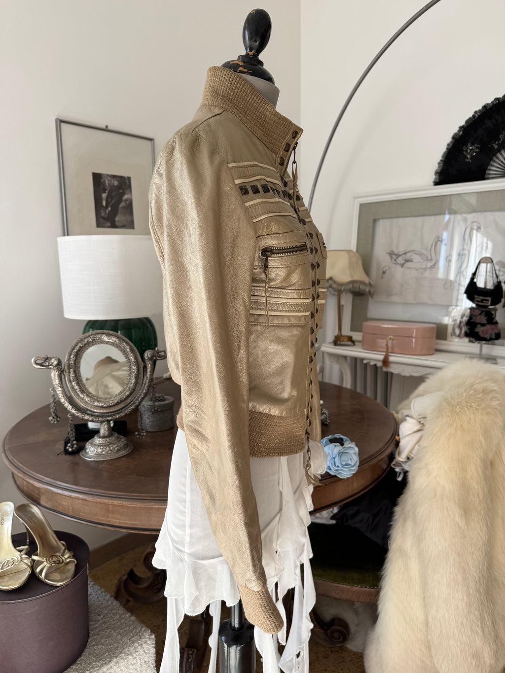 Golden Leather Jacket with Studs