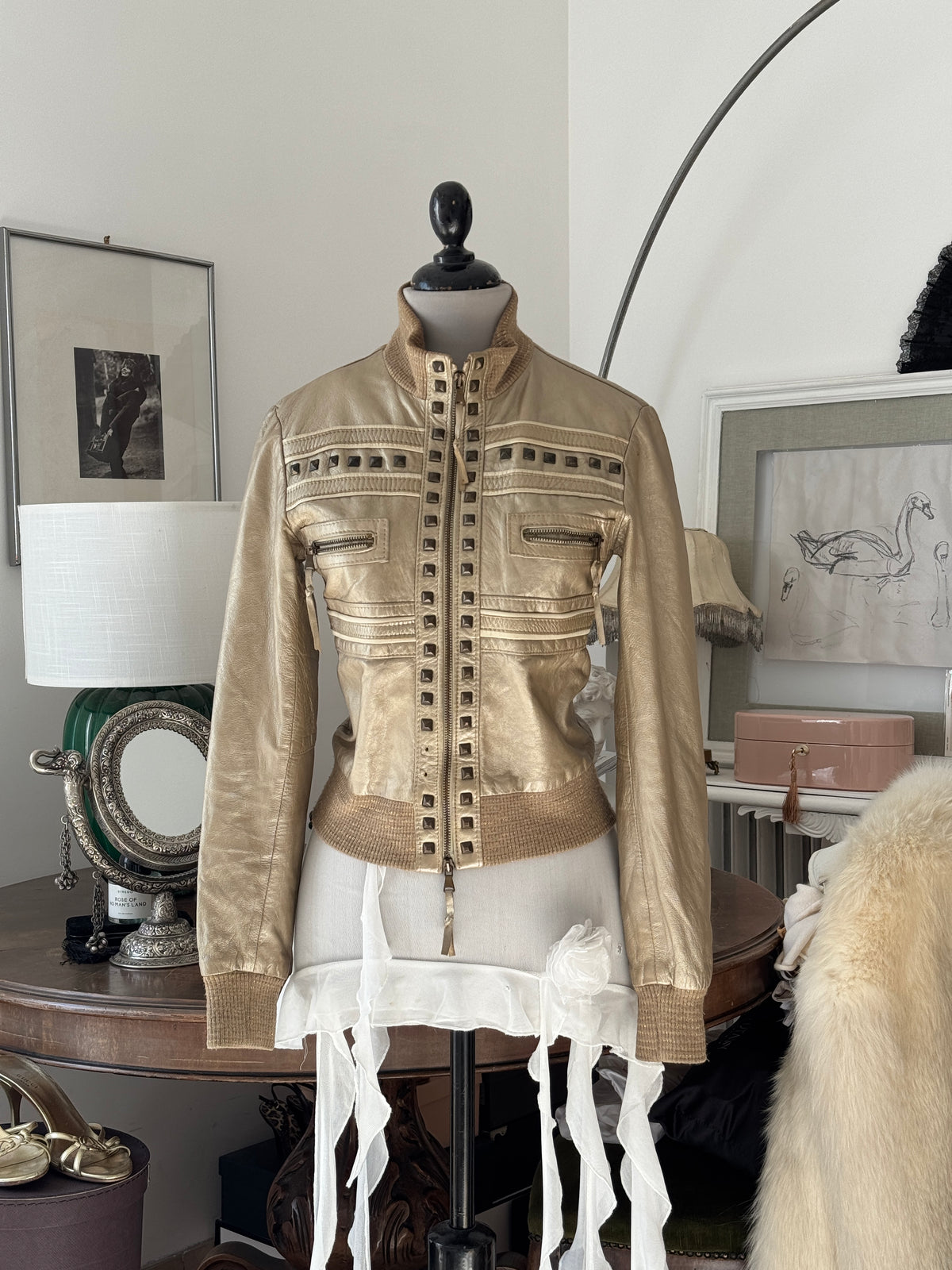 Golden Leather Jacket with Studs