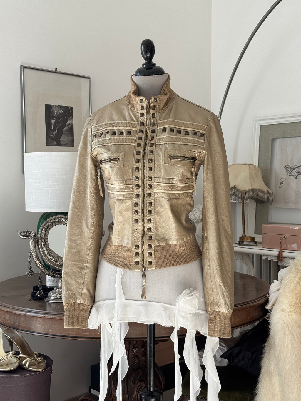Golden Leather Jacket with Studs