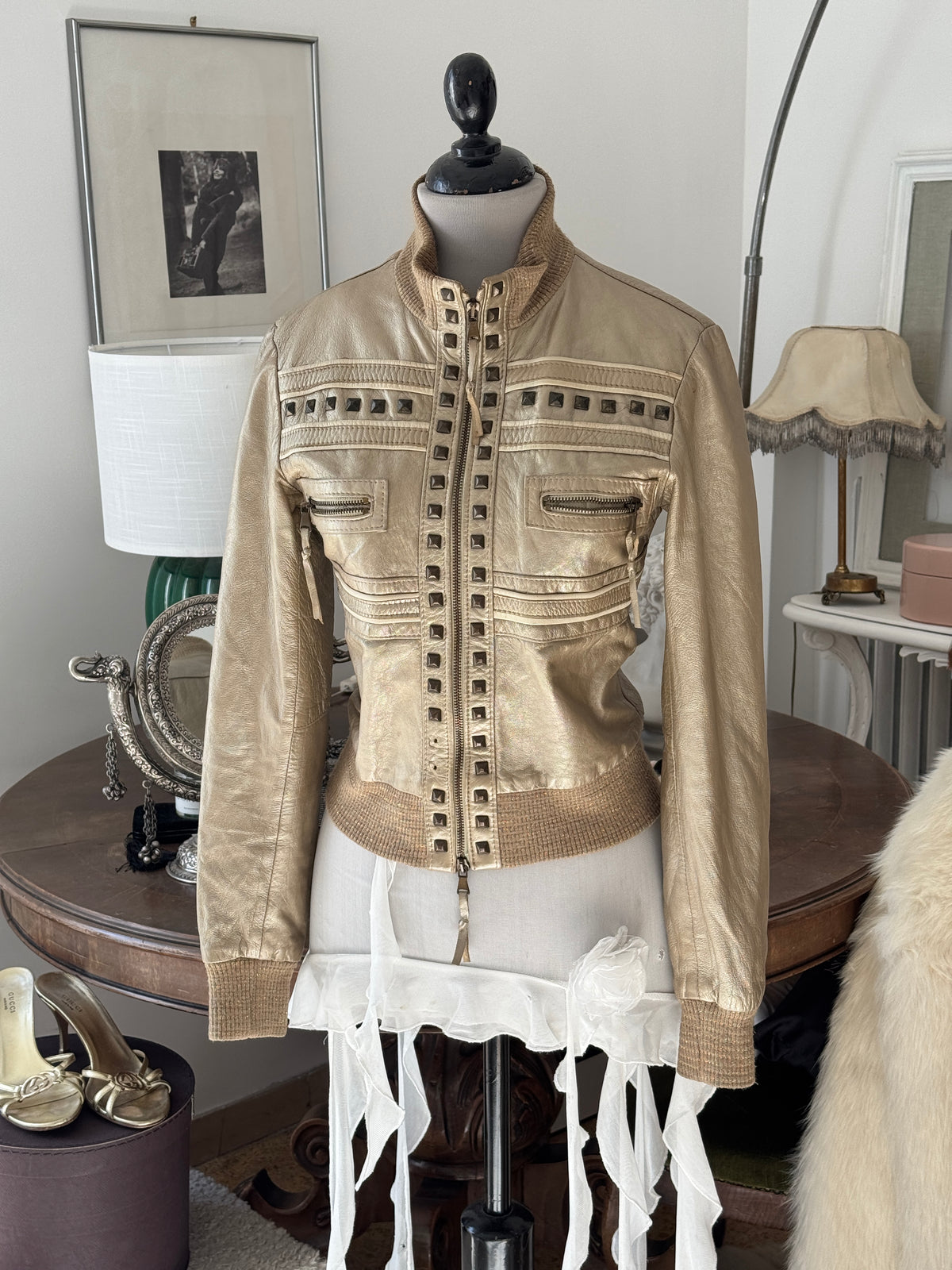 Golden Leather Jacket with Studs