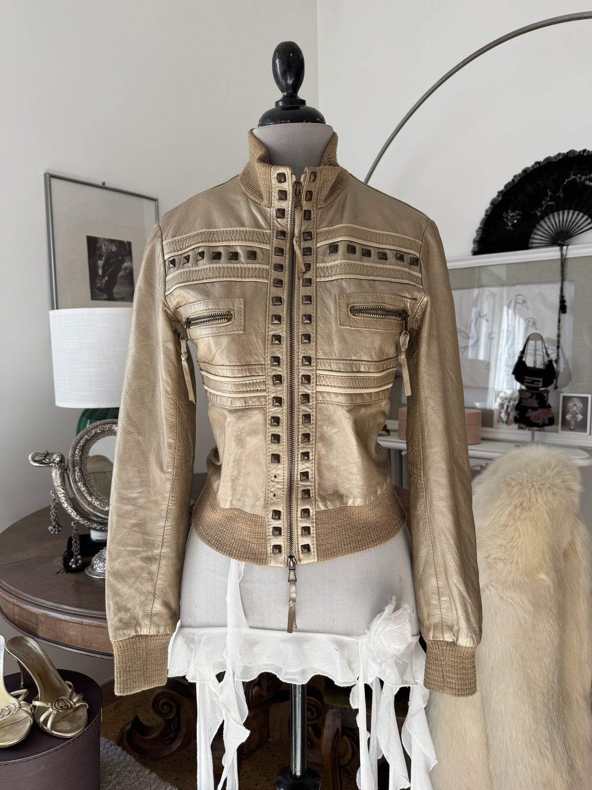 Golden Leather Jacket with Studs