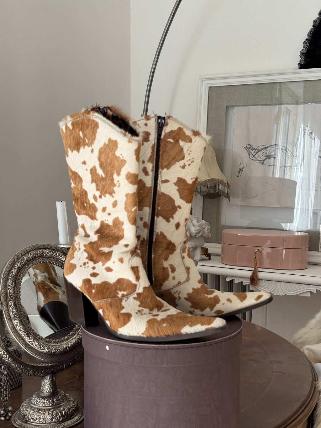 Brown-White Cow Hide Boots