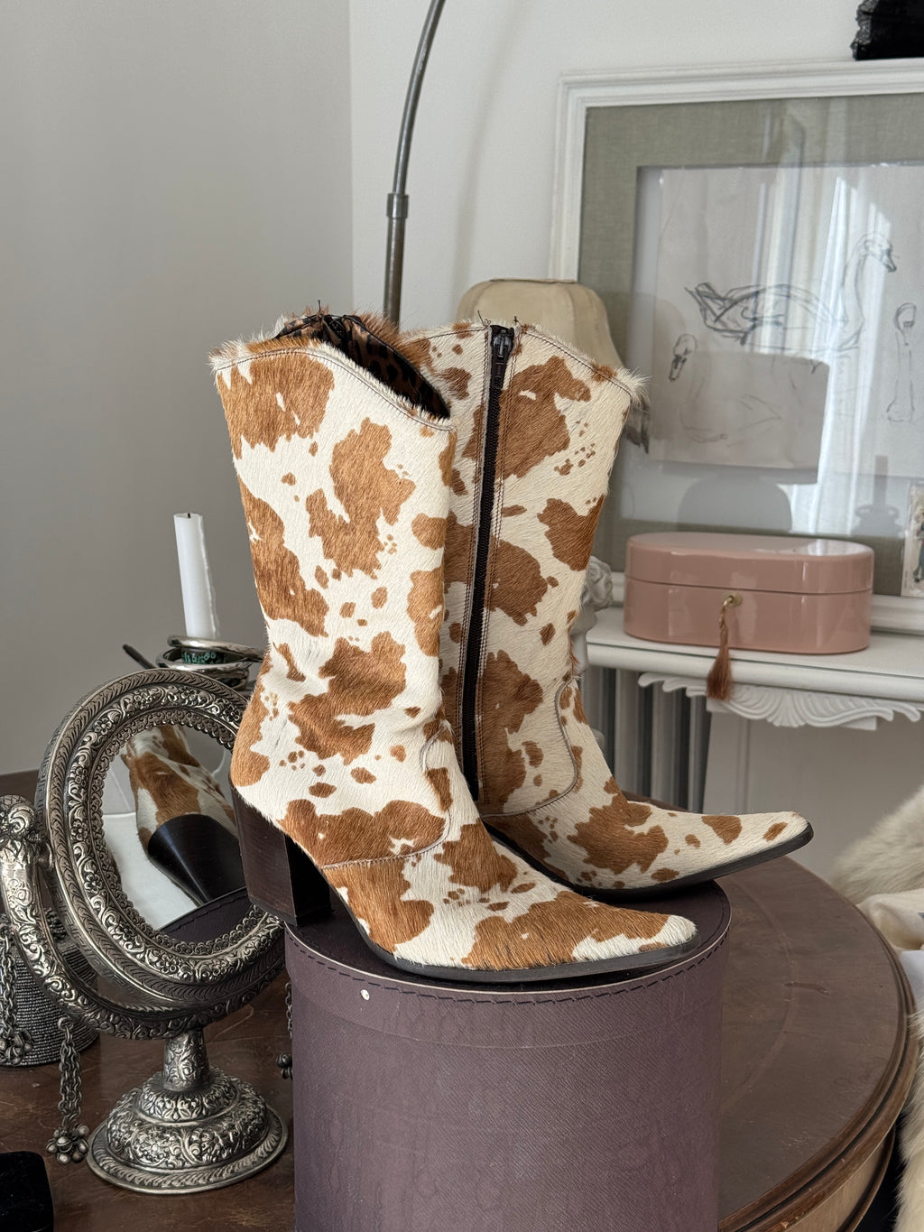 Brown-White Cow Hide Boots