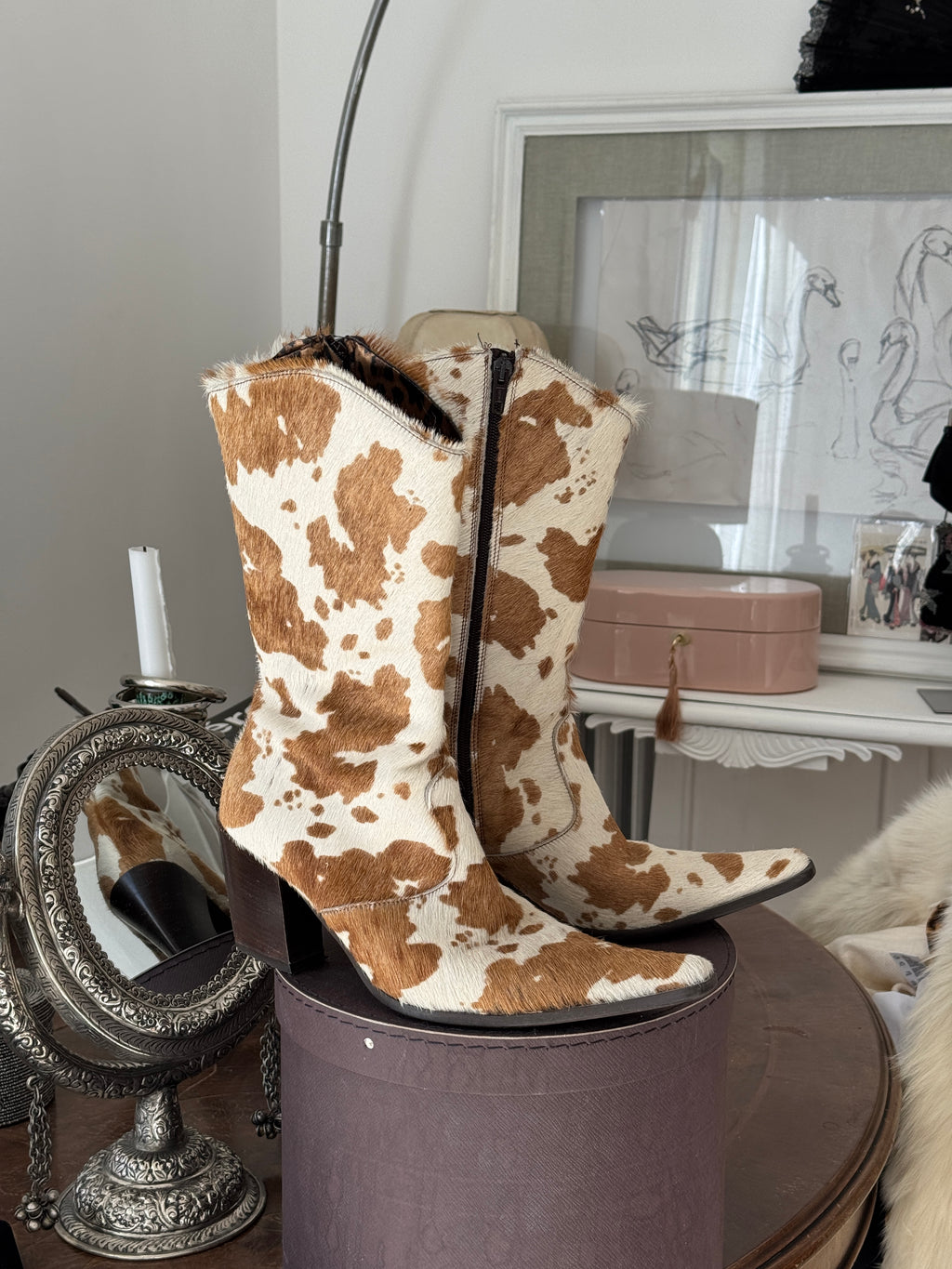 Brown-White Cow Hide Boots