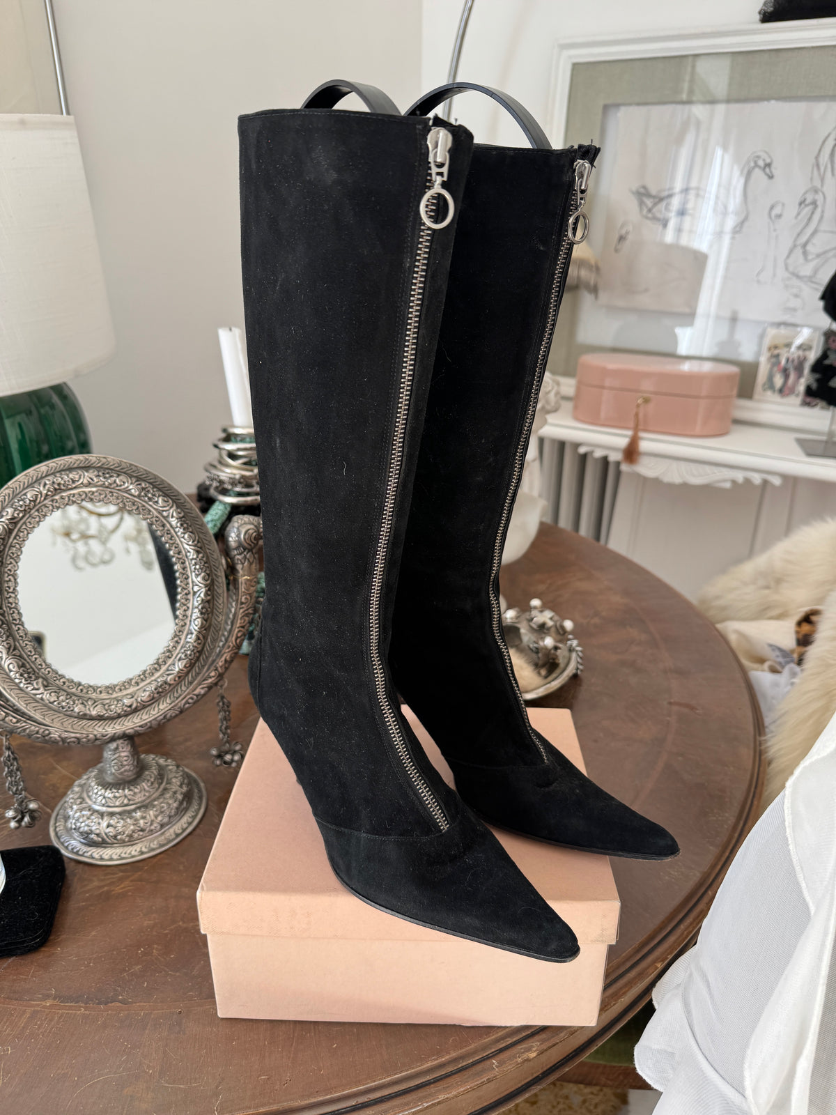 Black Suede Boots with Zipper