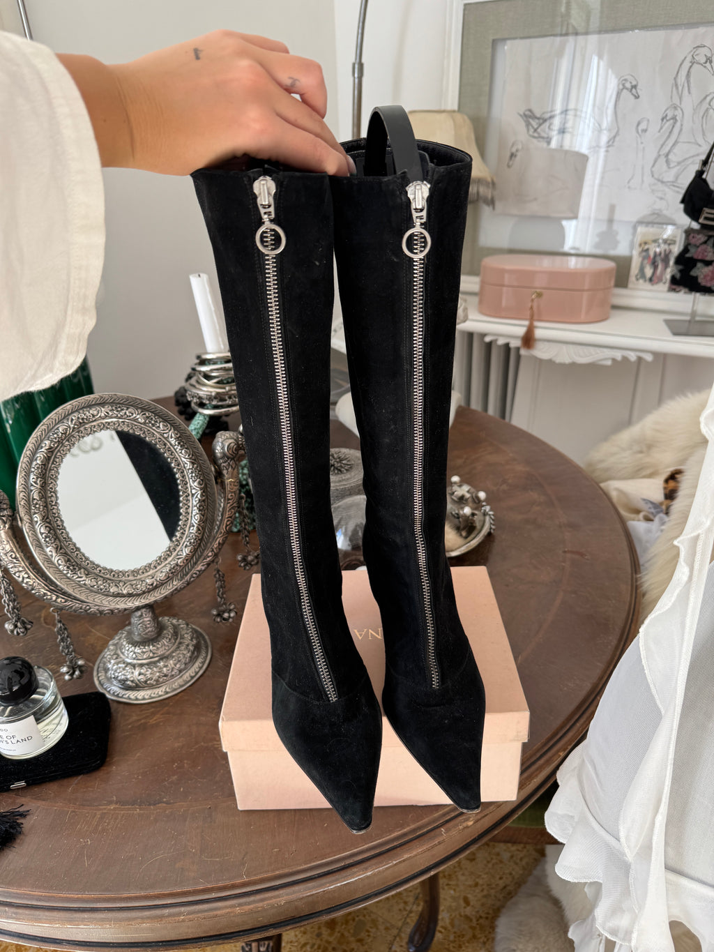 Black Suede Boots with Zipper