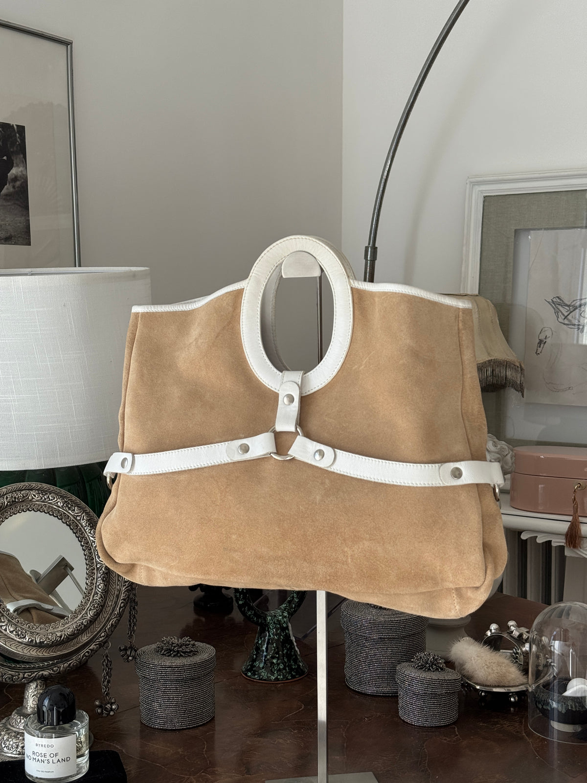 Brown Suede Clutch with White Leather Details