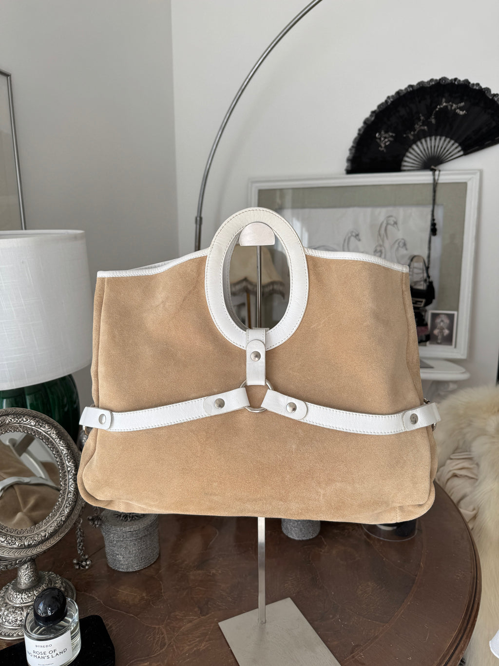 Brown Suede Clutch with White Leather Details