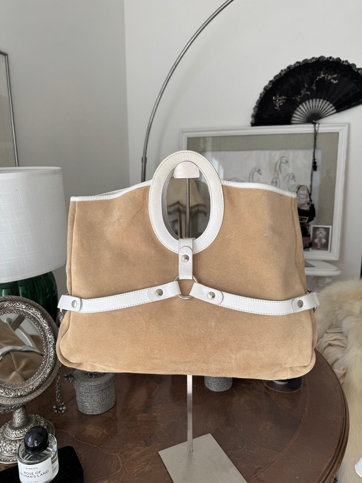 Brown Suede Clutch with White Leather Details
