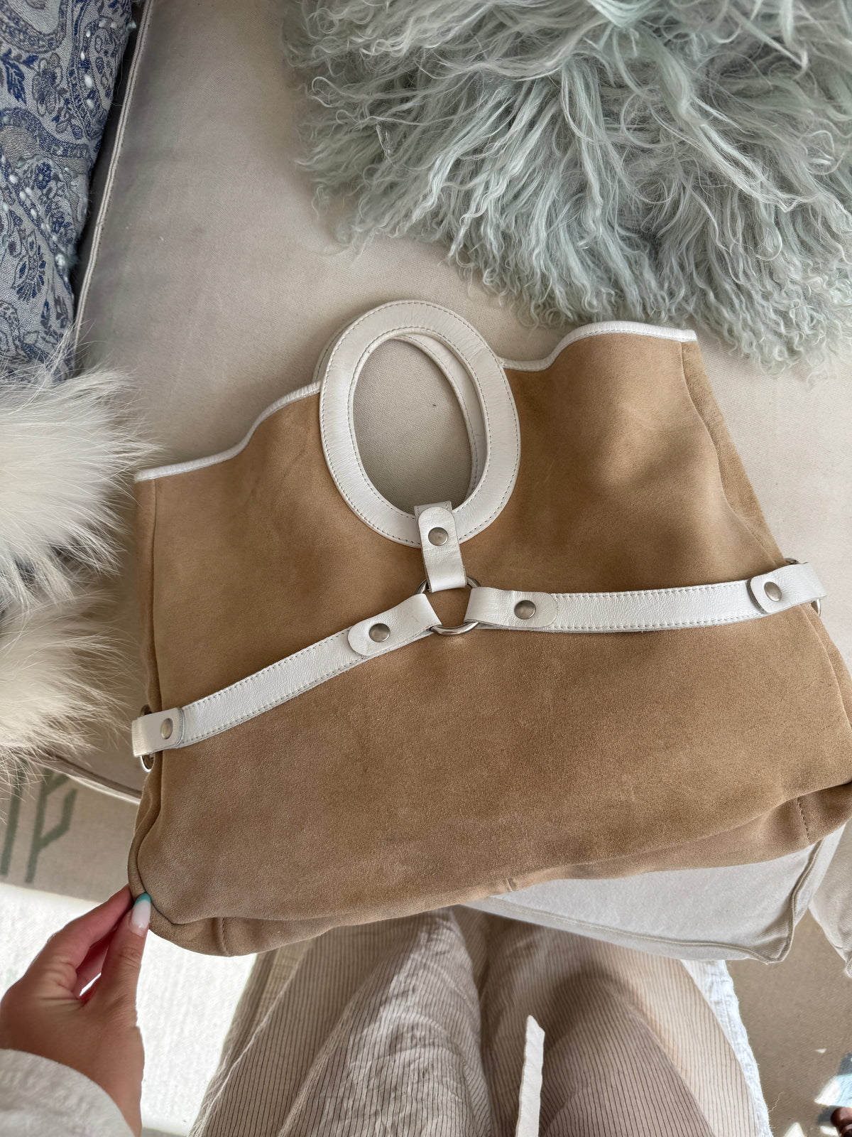 Brown Suede Clutch with White Leather Details