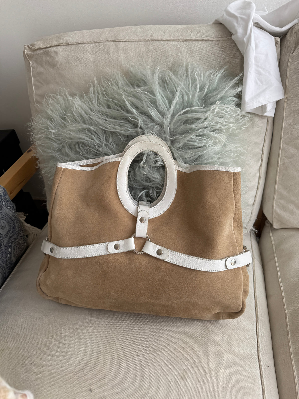 Brown Suede Clutch with White Leather Details