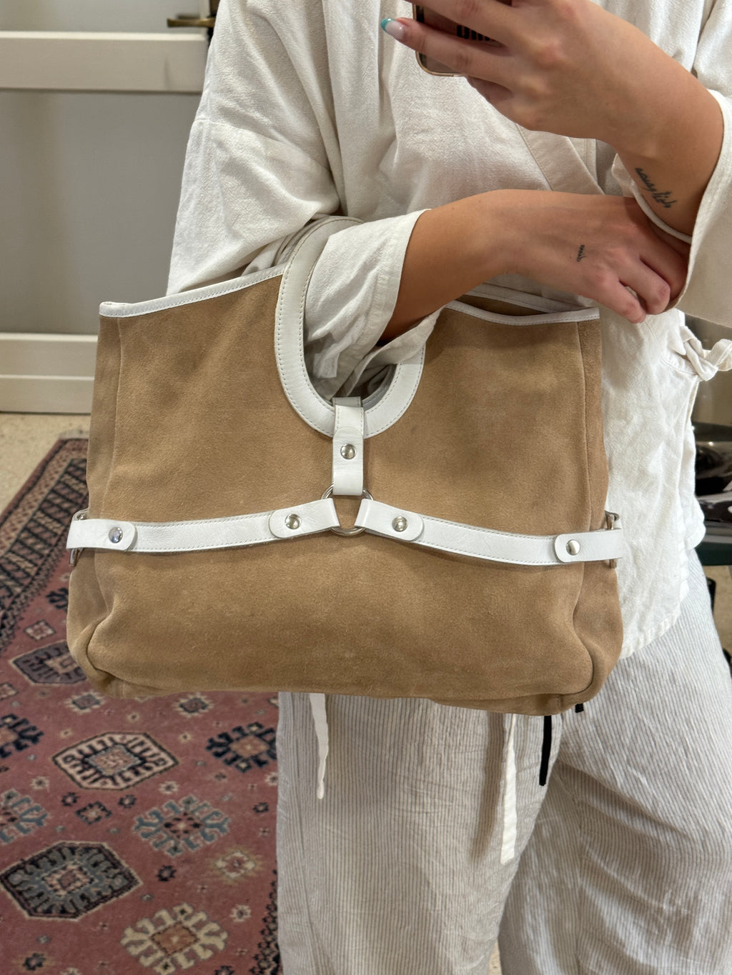 Brown Suede Clutch with White Leather Details
