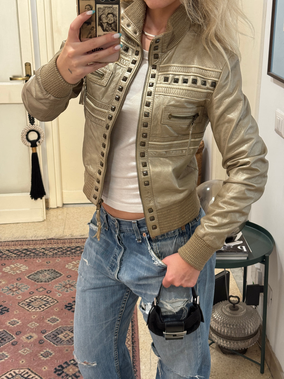Golden Leather Jacket with Studs
