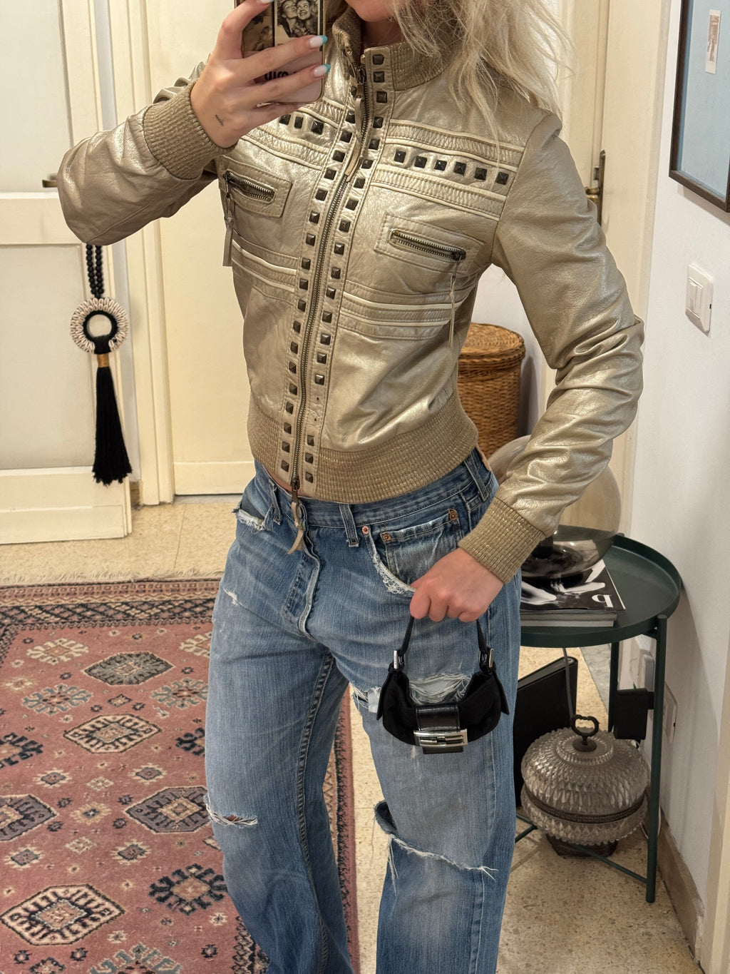 Golden Leather Jacket with Studs