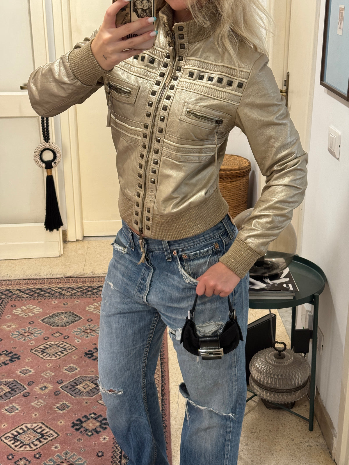 Golden Leather Jacket with Studs