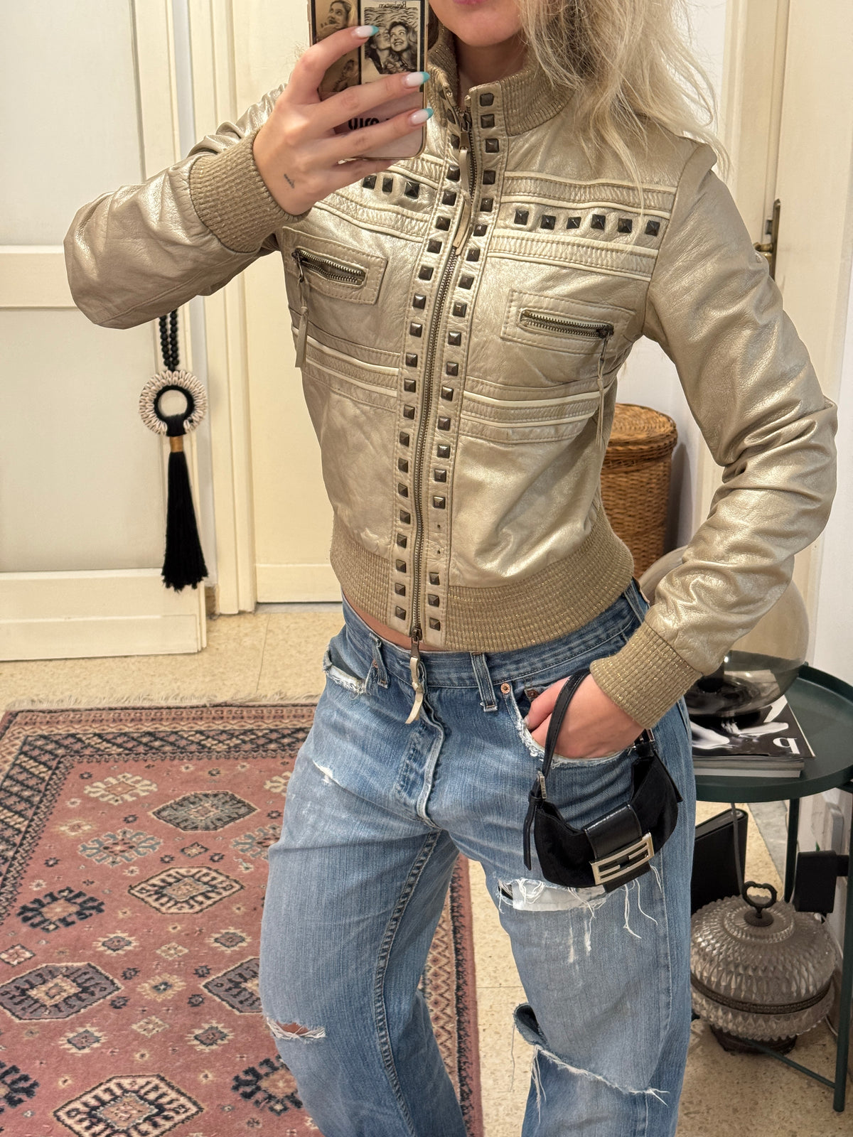 Golden Leather Jacket with Studs