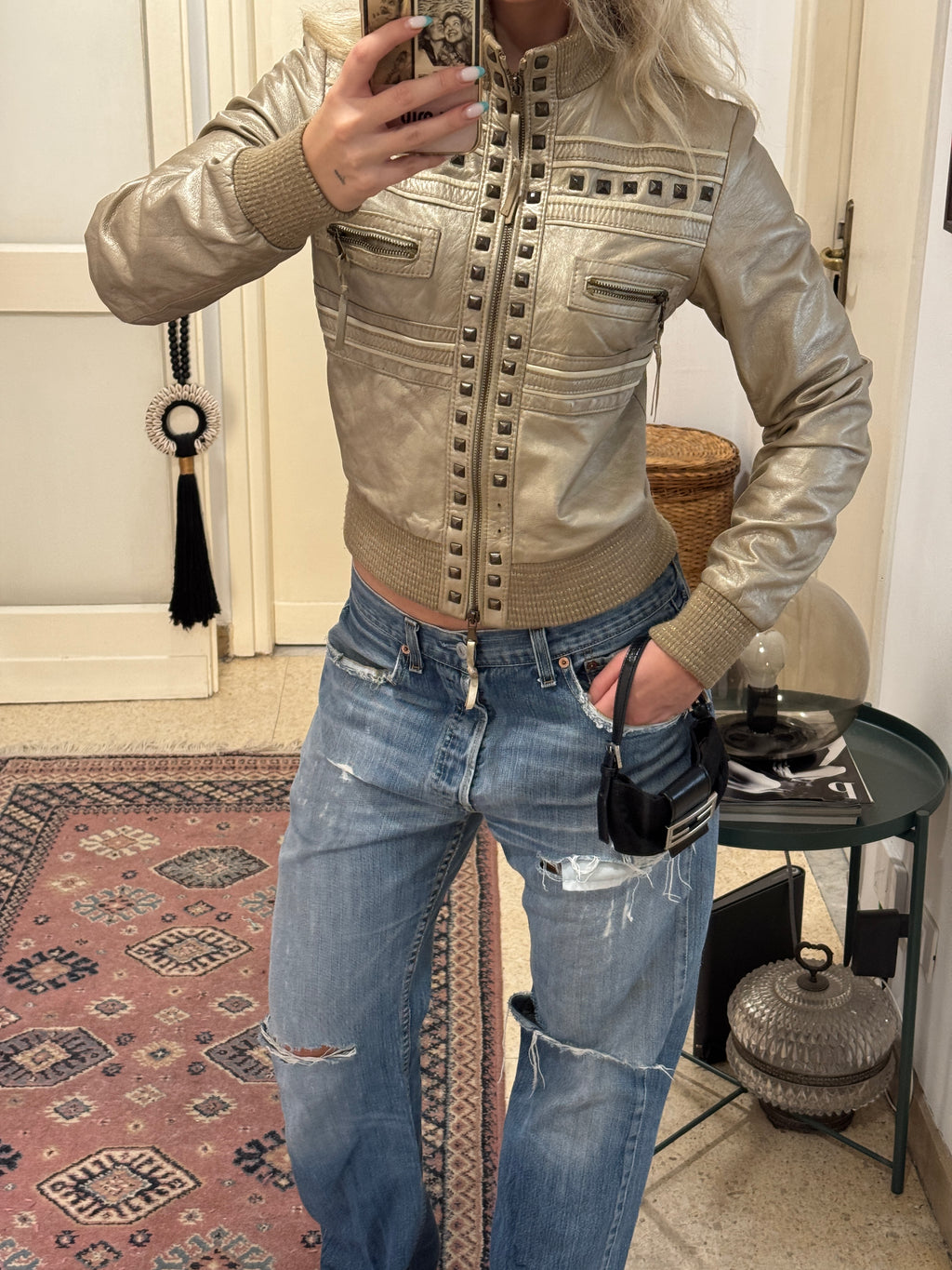 Golden Leather Jacket with Studs