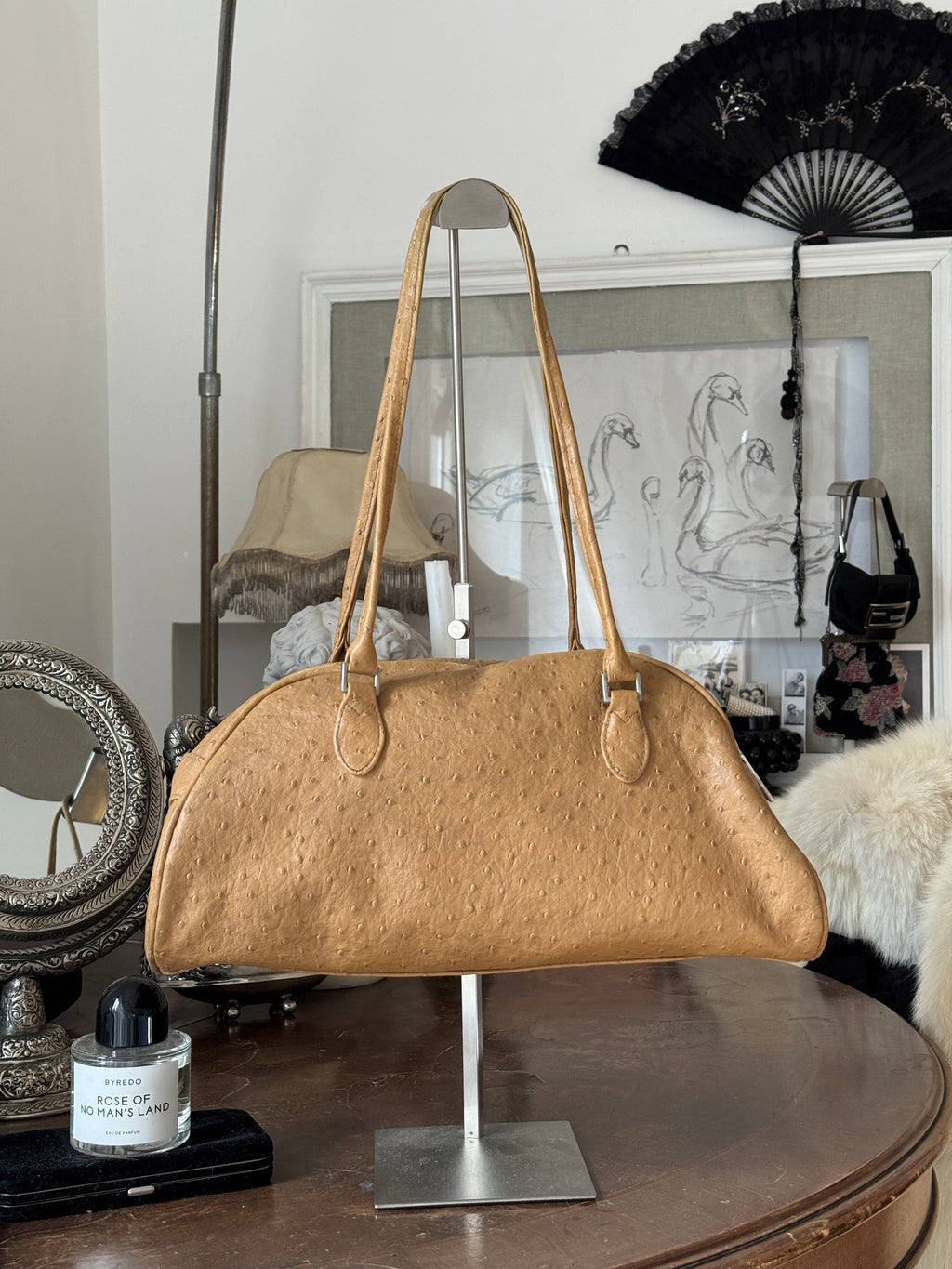 Brown Ostrich Leather Shoulder Bag