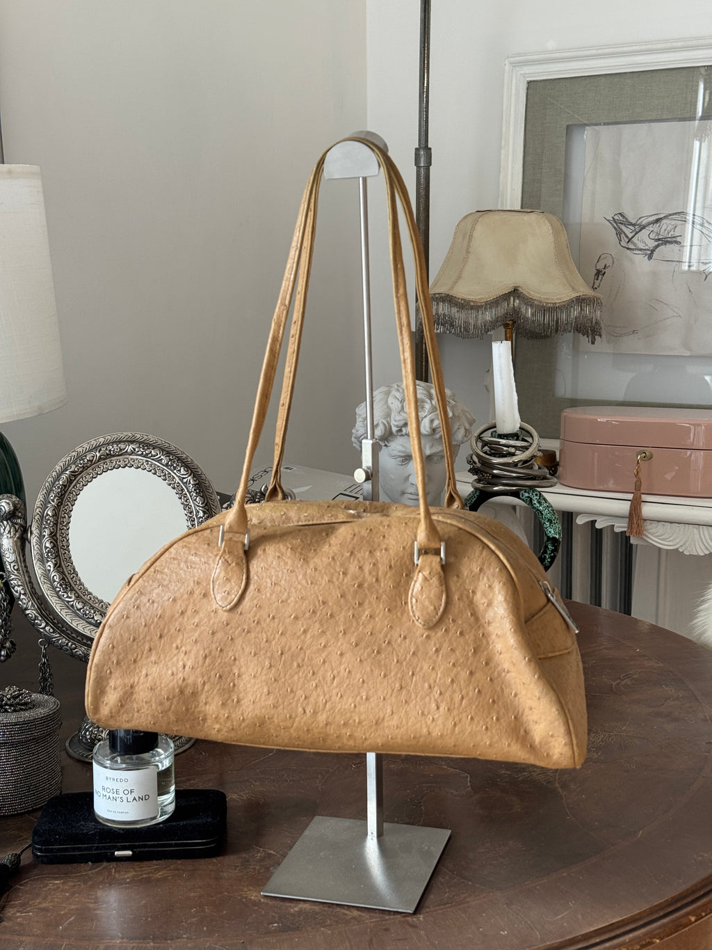 Brown Ostrich Leather Shoulder Bag