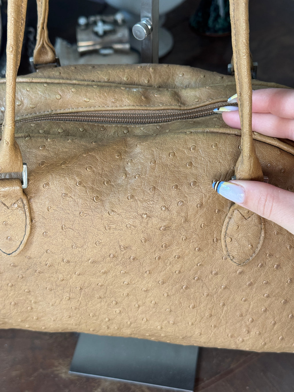 Brown Ostrich Leather Shoulder Bag