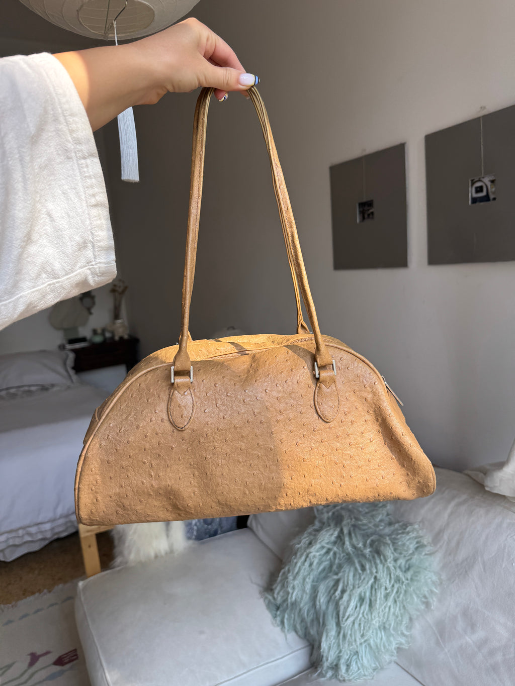 Brown Ostrich Leather Shoulder Bag
