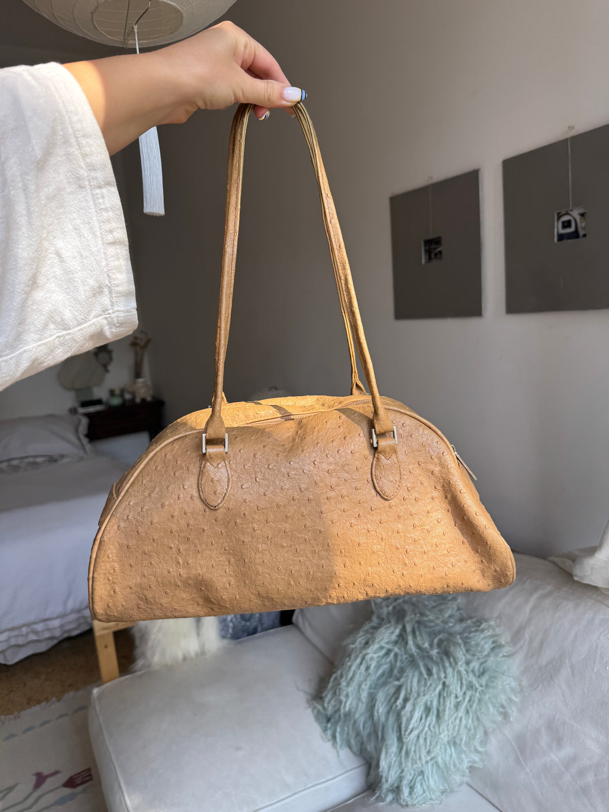 Brown Ostrich Leather Shoulder Bag