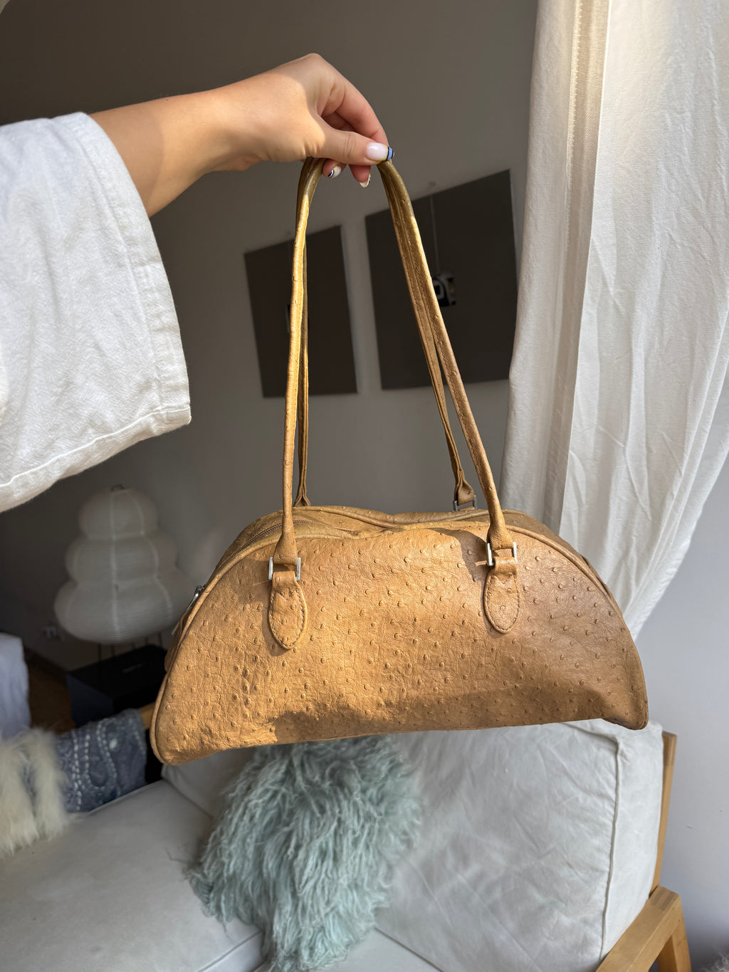 Brown Ostrich Leather Shoulder Bag