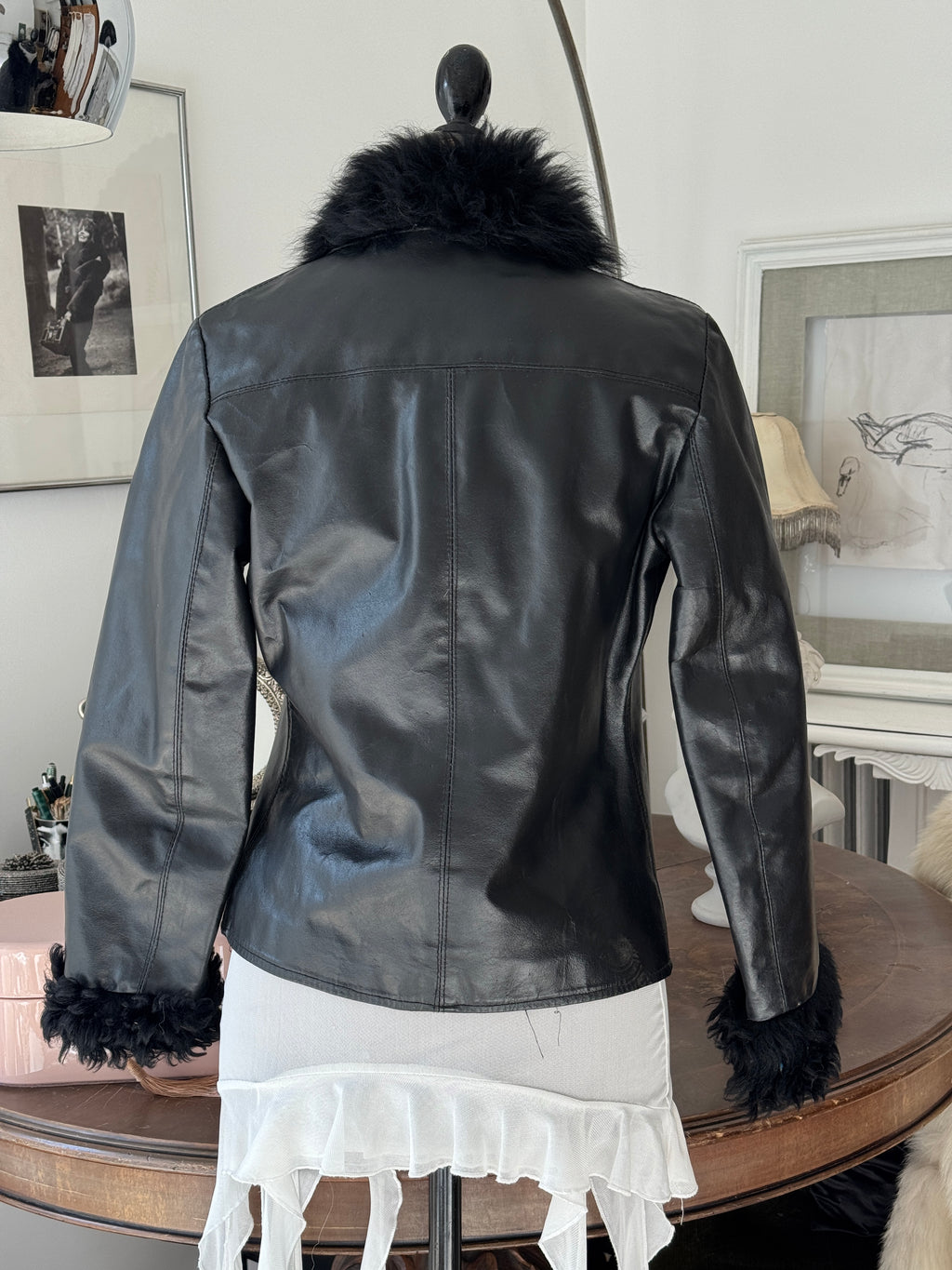 Black Leather and Shearling Biker Jacket
