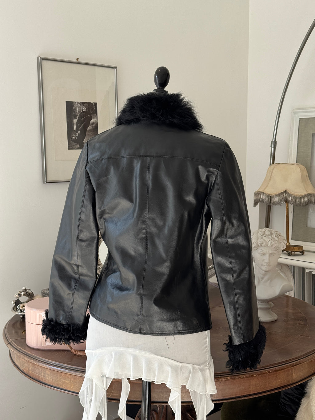 Black Leather and Shearling Biker Jacket