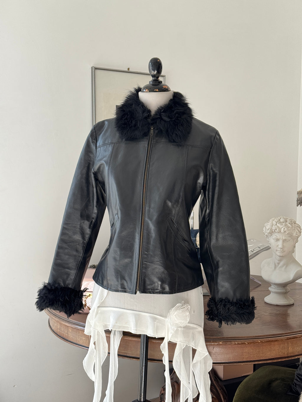Black Leather and Shearling Biker Jacket