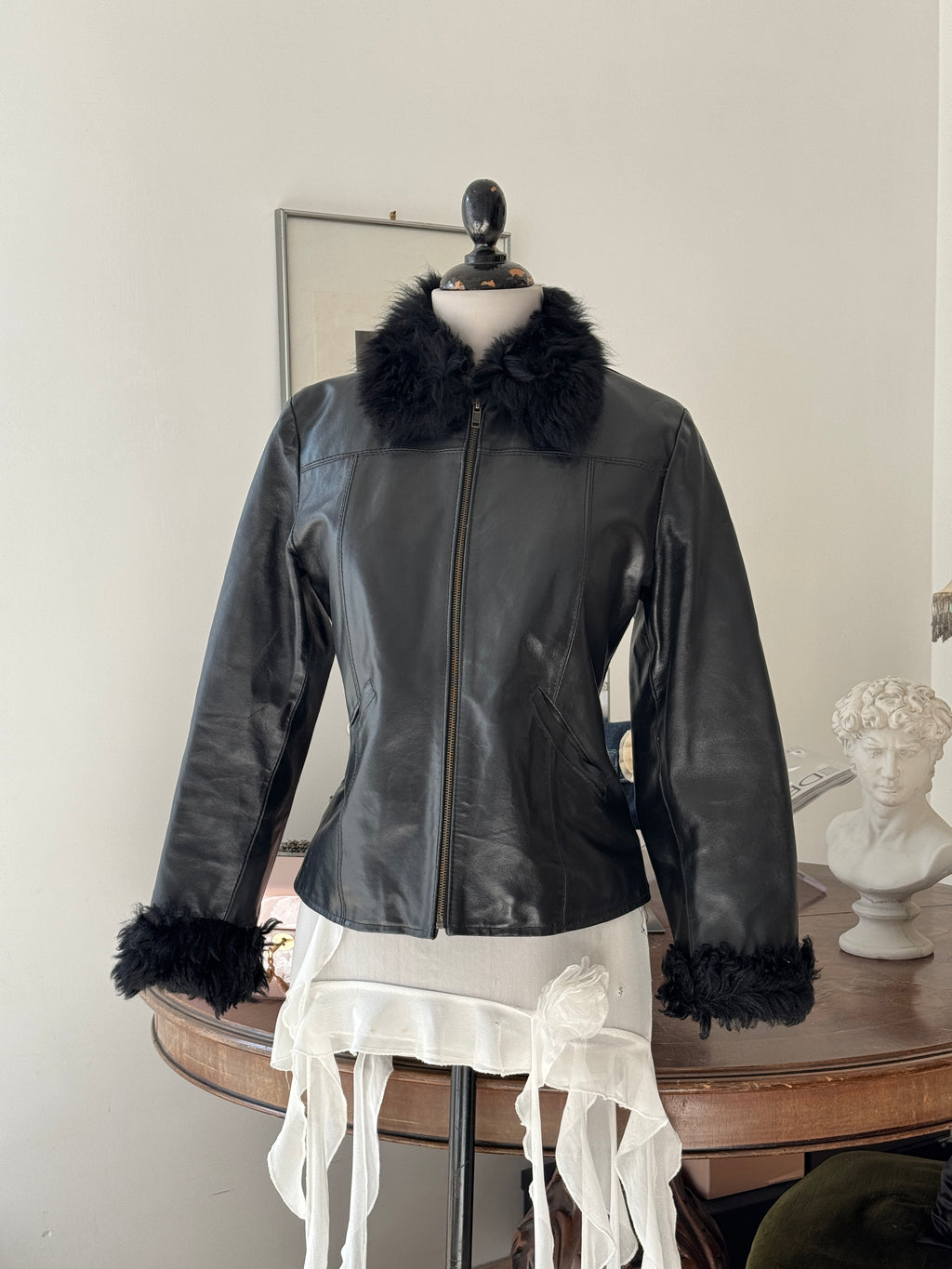 Black Leather and Shearling Biker Jacket