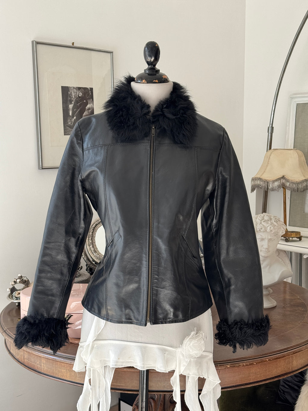 Black Leather and Shearling Biker Jacket