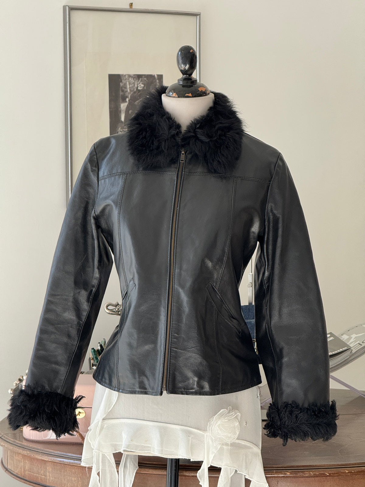 Black Leather and Shearling Biker Jacket