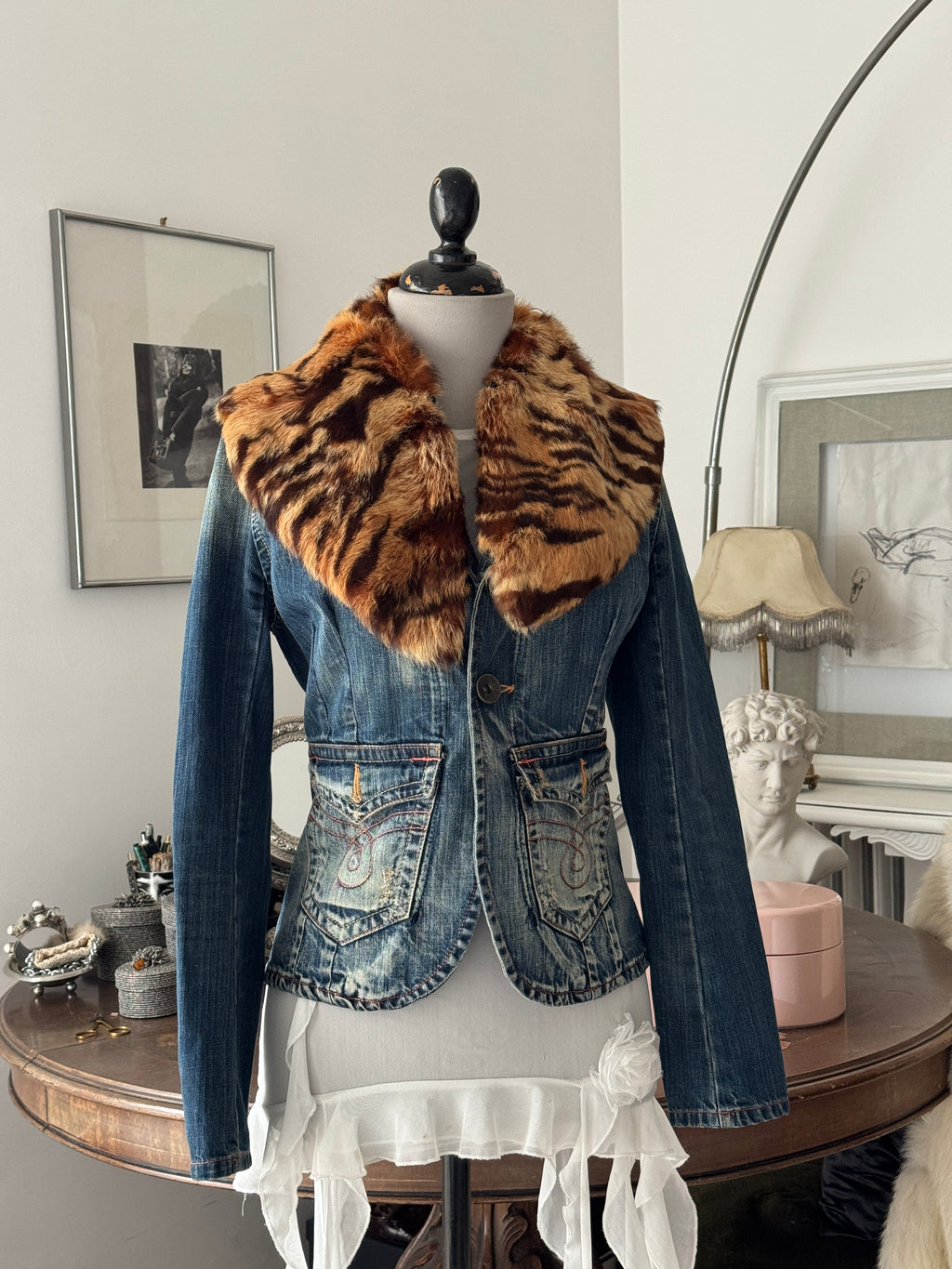 Denim Blazer with Fur Collar