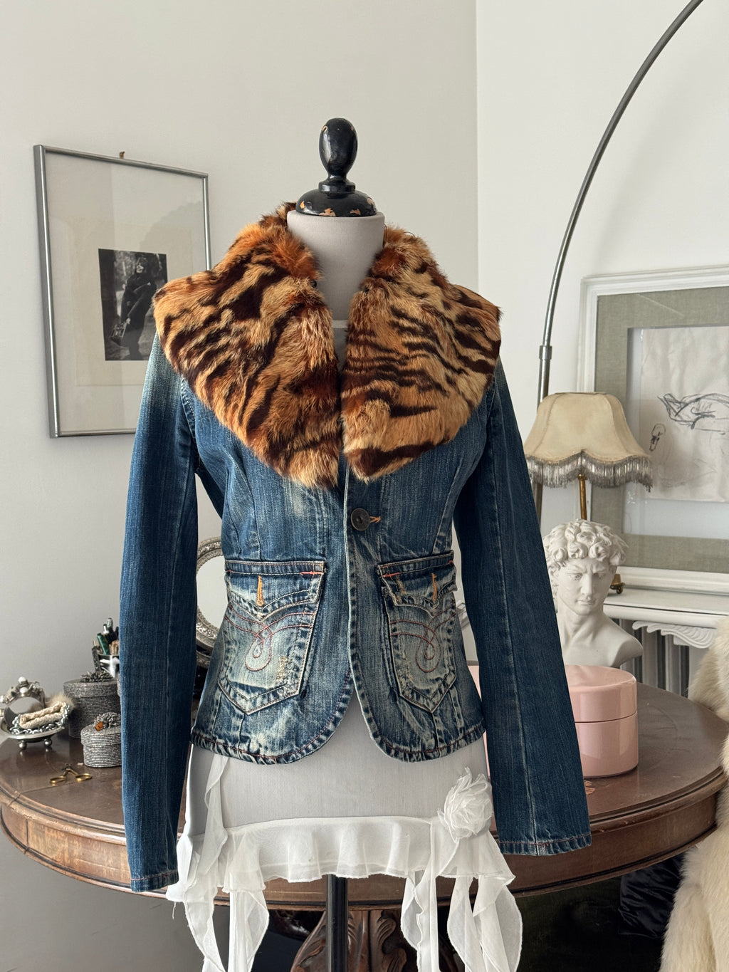 Denim Blazer with Fur Collar