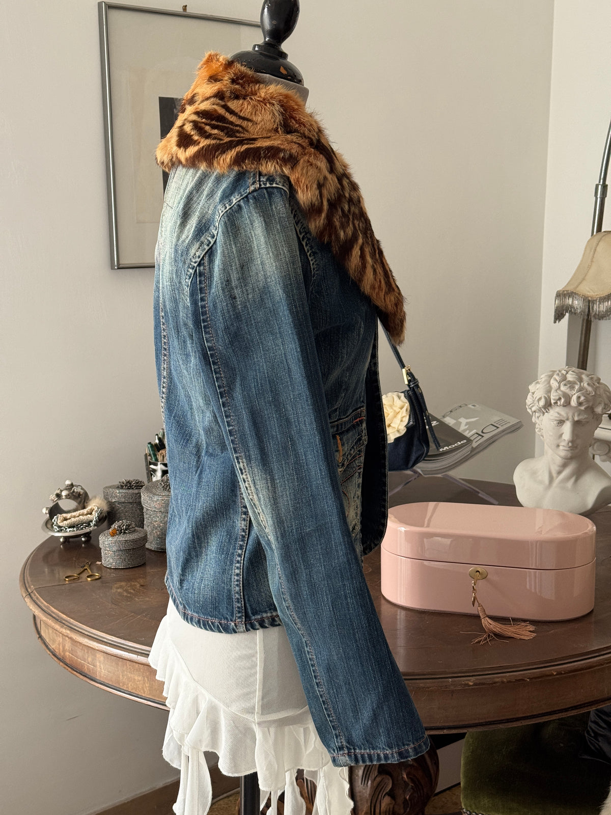 Denim Blazer with Fur Collar