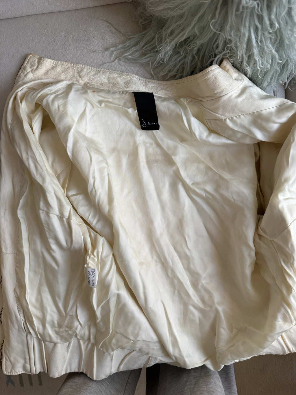 Creme Bomber Jacket in Leather