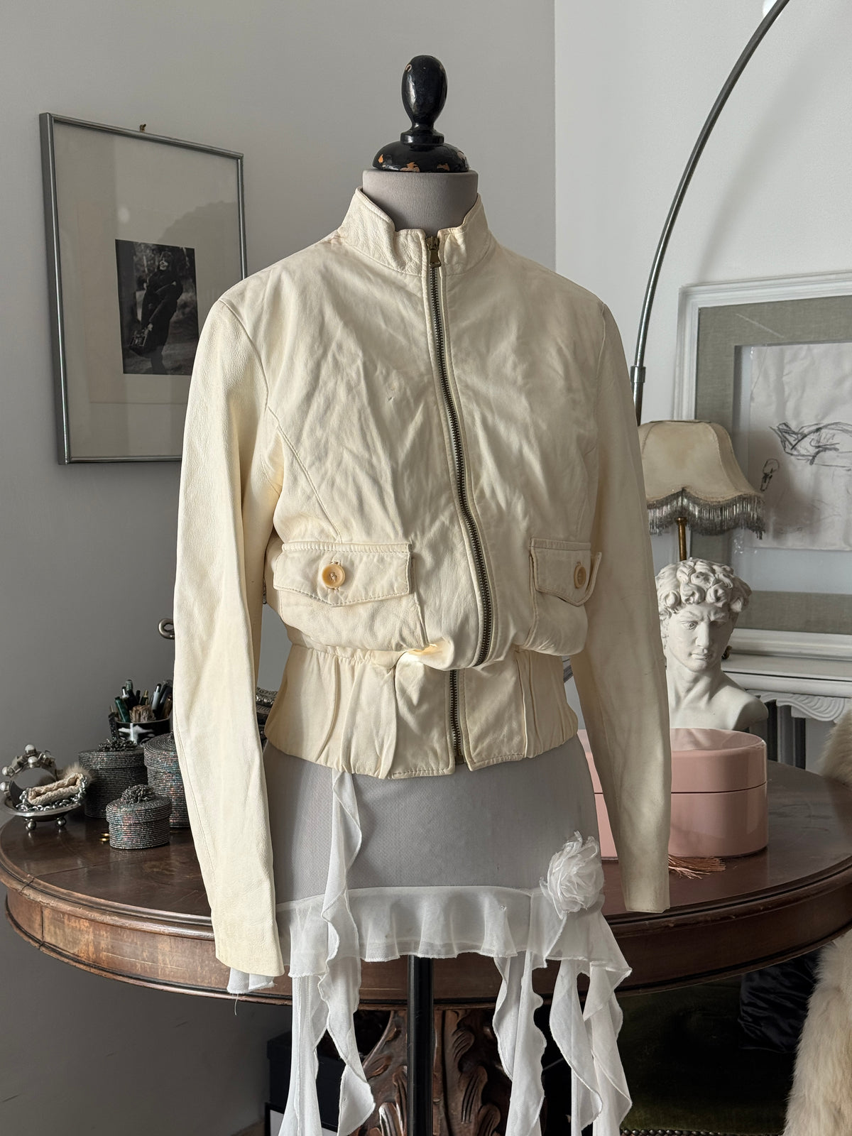 Creme Bomber Jacket in Leather