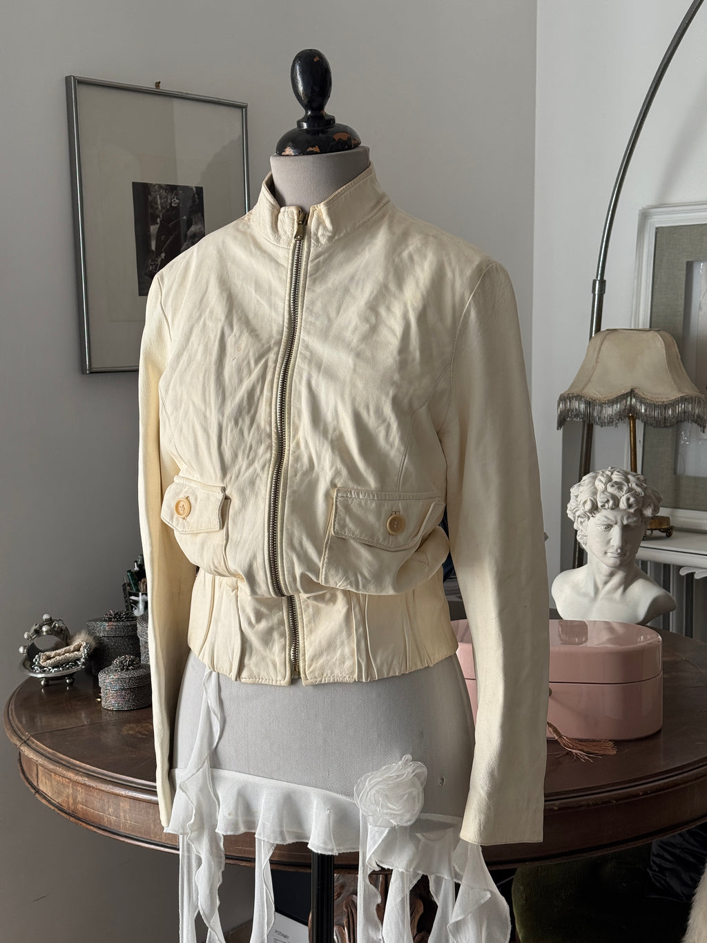 Creme Bomber Jacket in Leather