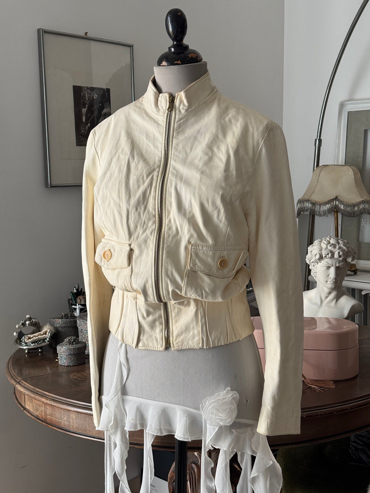 Creme Bomber Jacket in Leather