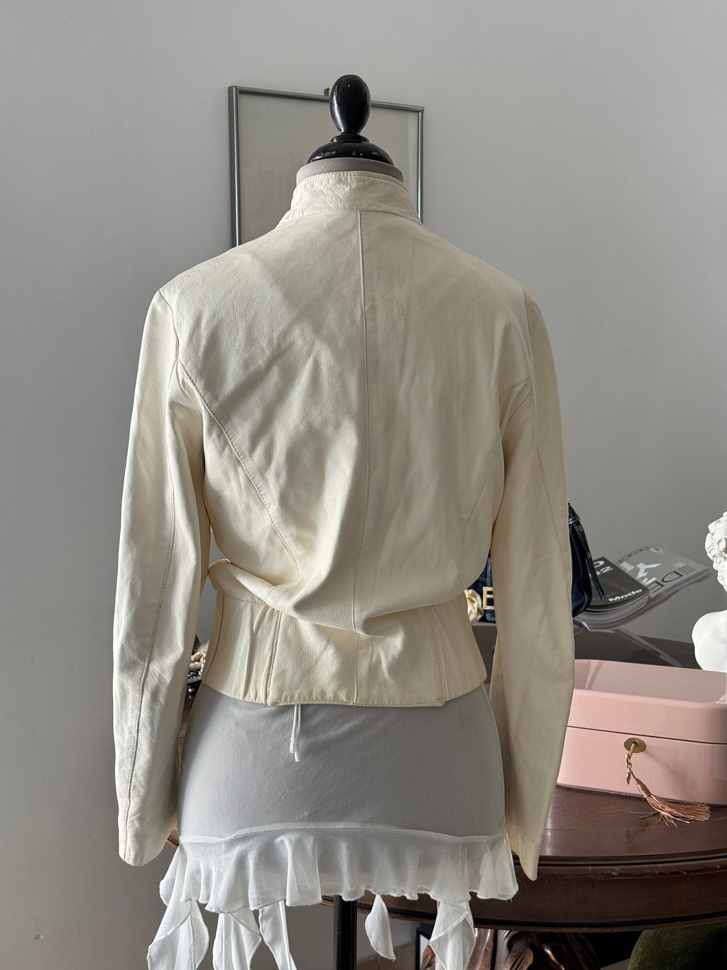 Creme Bomber Jacket in Leather