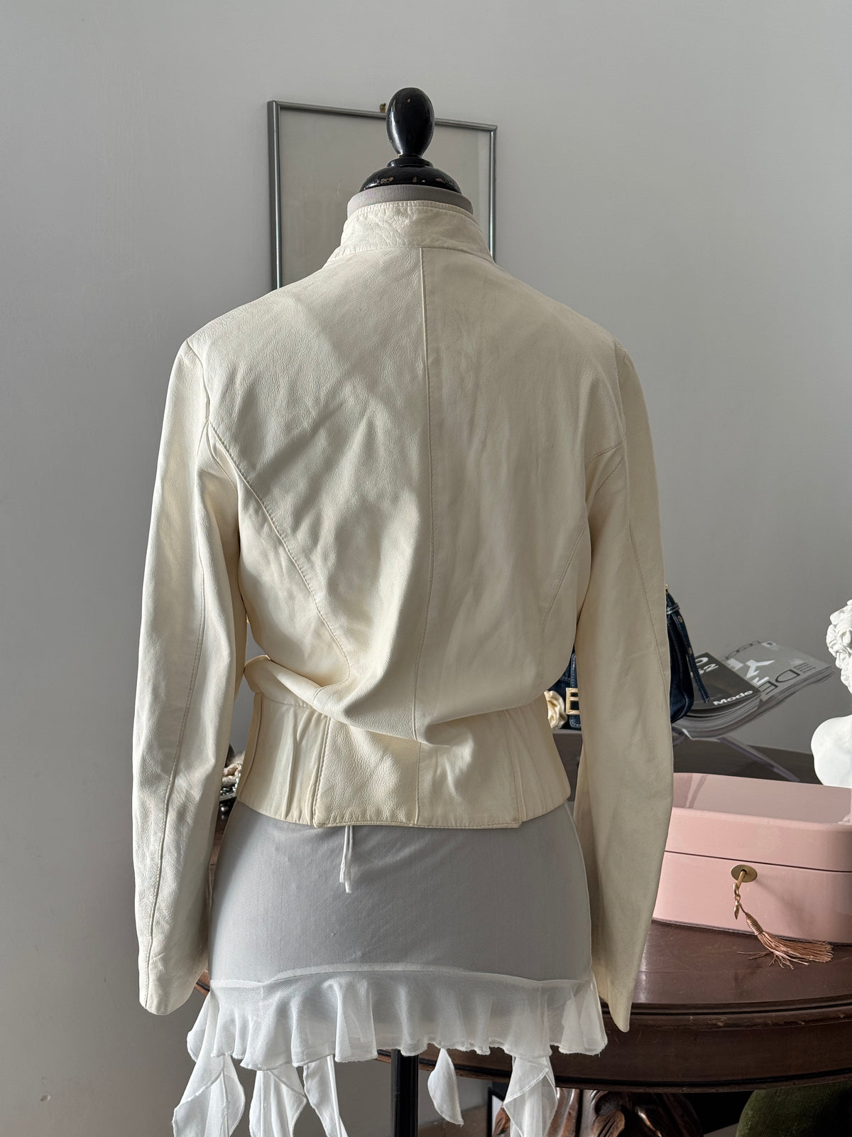 Creme Bomber Jacket in Leather