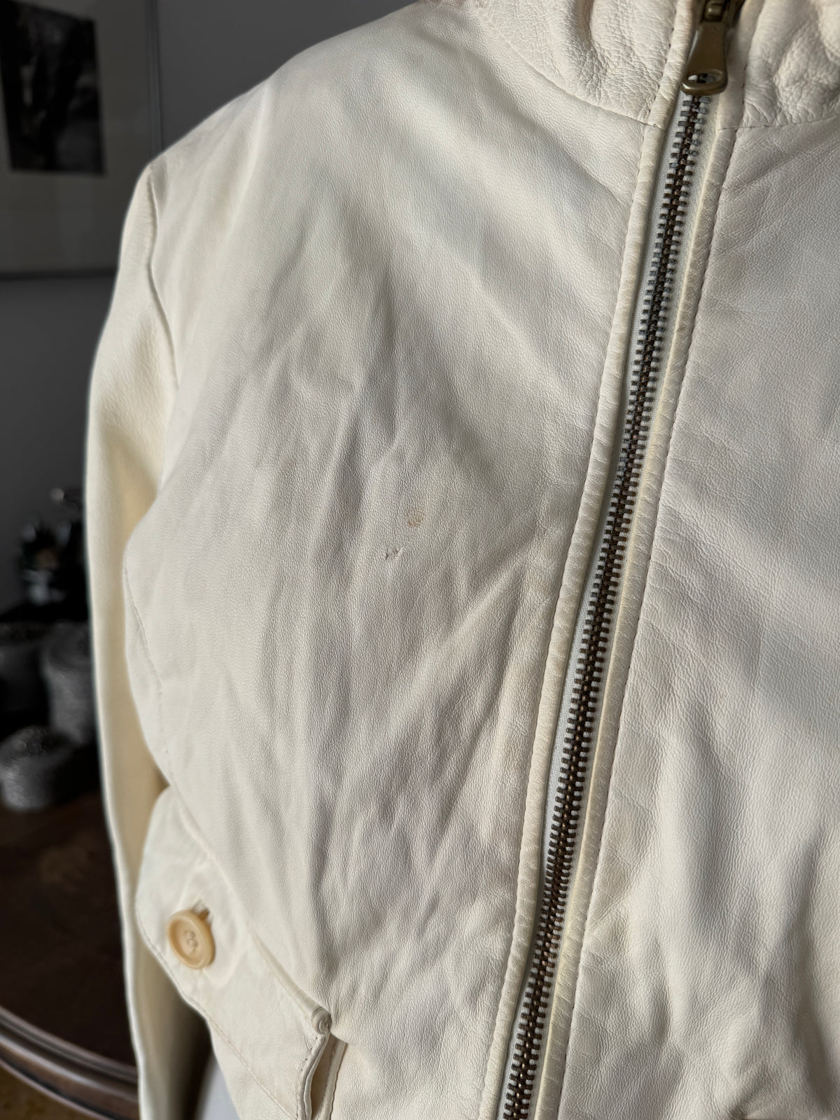 Creme Bomber Jacket in Leather