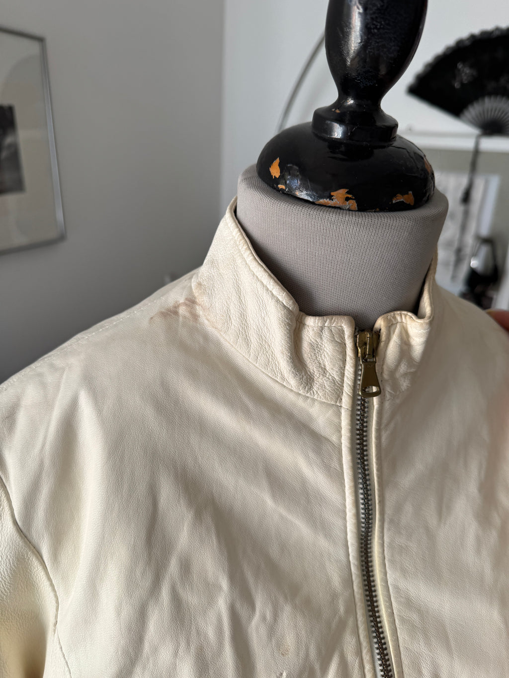 Creme Bomber Jacket in Leather