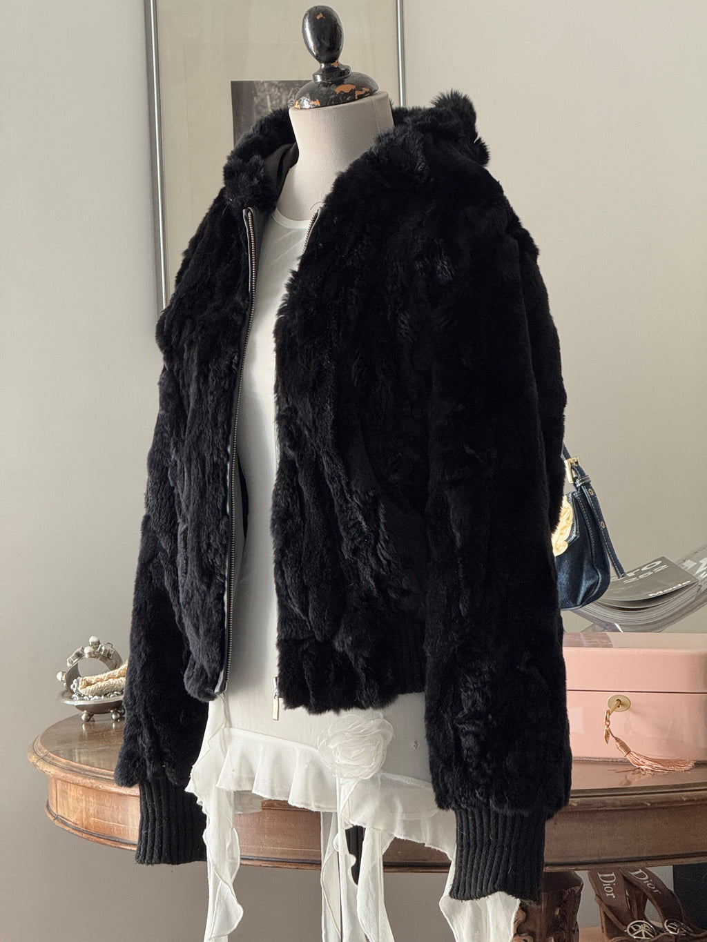 Fur  Hooded Bomber Jacket in Black